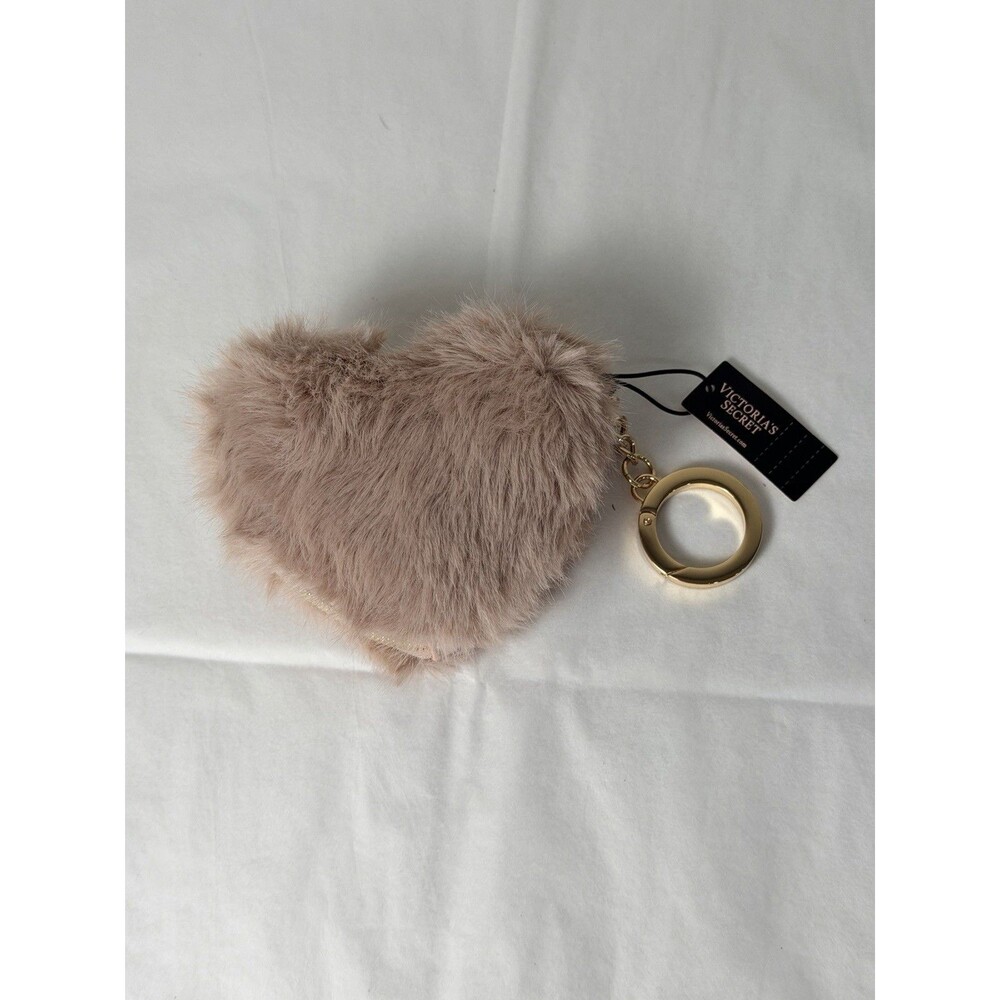 Victoria’s Secret Fuzzy Heart Coin Purse Keychain Charm Tan NWT